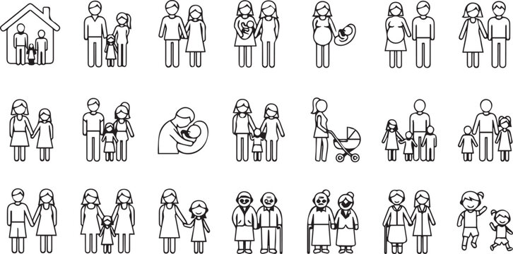Diverse Family Structure Icons Set Black Line Art Vector Graphics Isolated on White Background