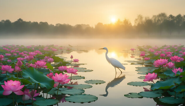Scenic nature view of a white egret in a lake with pink lotus flowers, sunrise and misty background.