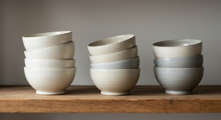 Stacked ceramic bowls in neutral tones on a wooden shelf