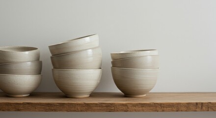 Stacks of earthenware bowls in warm tones on a rustic wooden shelf