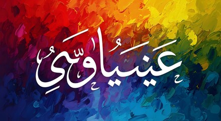 Arabic calligraphy art with colorful background featuring red blue green and yellow hues in abstract style