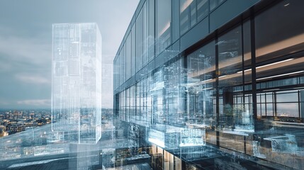 Obraz premium Modern Building Signage with Architectural Transformation Message and Copy Space, Blurred Urban Background