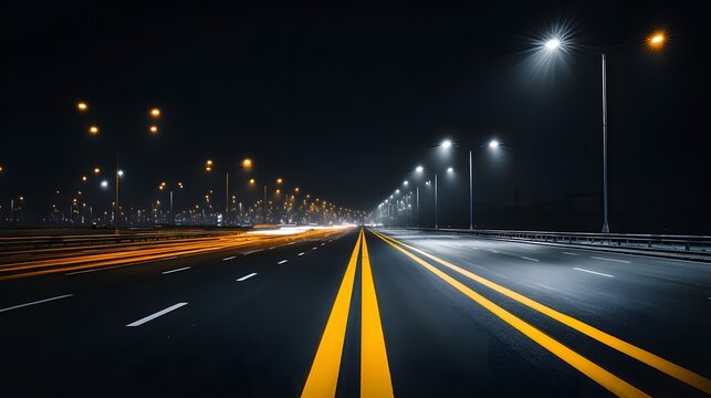 Empty highway at night with bright streetlights and light trails from passing vehicles.