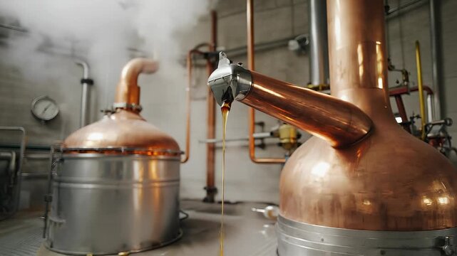 A polished copper still spout releases slow droplets of fresh whiskey into a steel container. The dimly lit distillation room is filled with pipes, gauges, and soft steam reflecting warm light