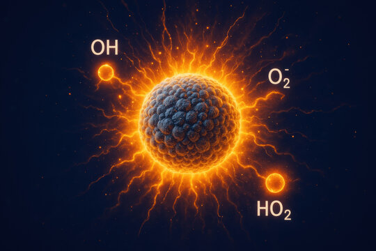 Powerful medical and scientific visualization of reactive oxygen species explosion. central, glowing nanoparticle emits an intense orange energy with orbiting free radicals