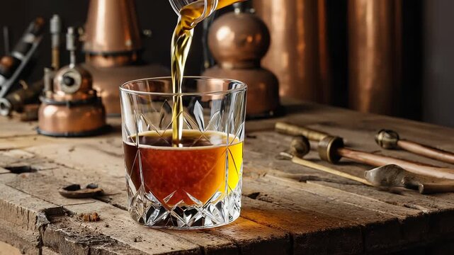 Amber whiskey is poured into a faceted crystal glass. The smooth liquid creates beautiful patterns on the rustic wooden counter