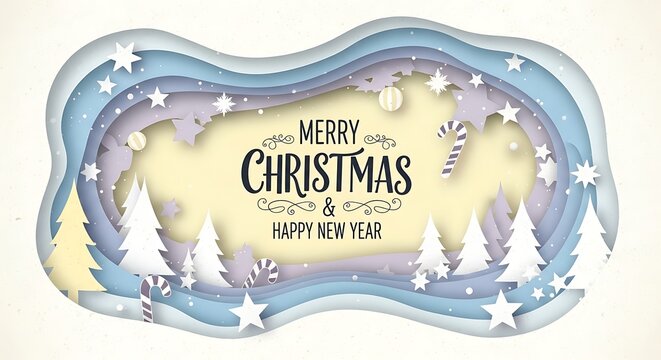 Winter christmas composition in paper cut style - Merry Christmas text Calligraphic Lettering illustration - Chrismas Card