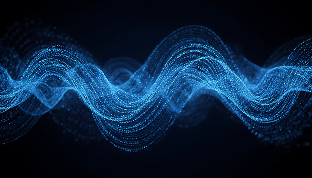 Abstract illustration of swirling blue particles, digital wave on a dark background, data visualization concept - Powered by Adobe
