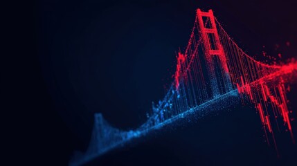 Obraz premium Golden Gate Bridge outlined in vibrant red and blue hues, creating a striking contrast against the dark background. ..Created with Generative AI, not depicting real subjects.