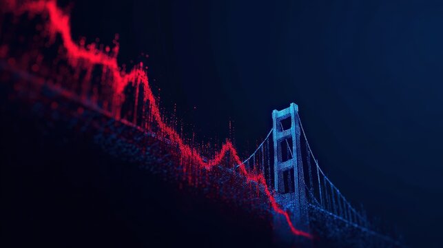 A vivid visualization of the iconic bridge, set against a dark, contrasting backdrop, is intertwined with a dynamic red line. ..Created with Generative AI, not depicting real subjects.