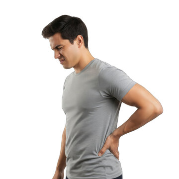 Man In Gray TShirt Holding His Back In Pain Isolated On Black Background With Transparent Background