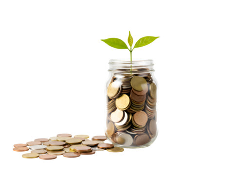 Growing Wealth: Coins in Jar with Green Sprout on white background