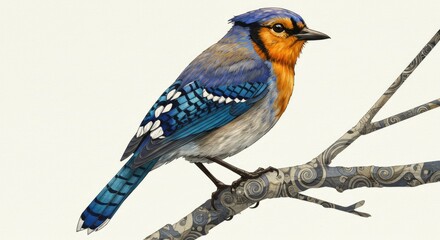 Vibrant blue bird with orange throat perched on ornate, decorated branch