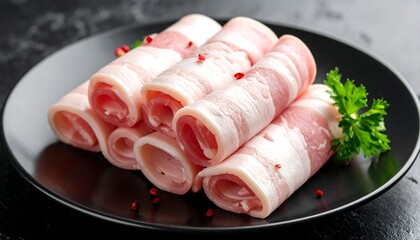 Rolled slices of raw pork belly with herbs and peppercorns on a black plate