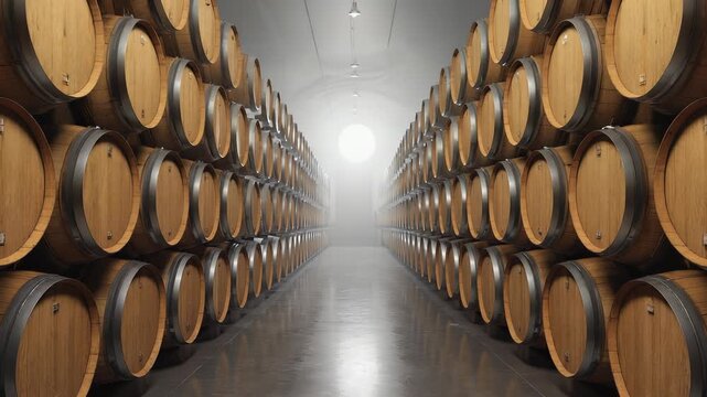 Rows of stacked oak barrels line the narrow aisles of the rickhouse corridor. Shifting light plays across the warm wooden textures
