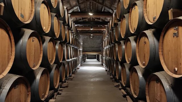 Rows of stacked oak barrels create a rich atmosphere in a spacious rickhouse corridor. Light shifts and plays against the wood, enhancing the warm textures