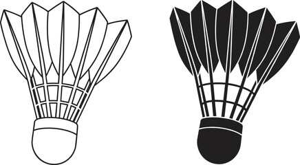 Black and white badminton shuttlecock vector illustration, showcasing detailed feather design, sports equipment icon, minimal silhouette style perfect for athletic branding,  © Sarsoti