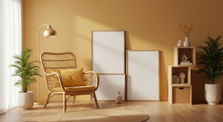 Sunlit boho armchair with plants and blank frames