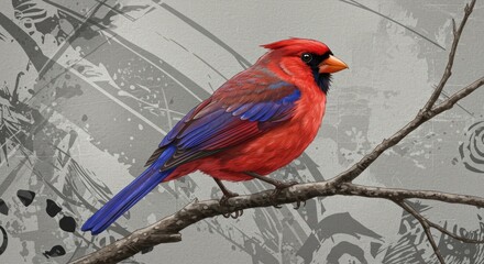 Vibrant red bird with blue accents perches on a bare branch against abstract background