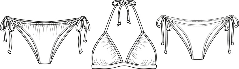 Classic String Triangle Bikini Set Flat Sketch Technical Drawing, Halter Top Swim Bra, Side-Tie Hipster Bottoms, Beachwear Apparel Vector Template, Front View Outline Illustration.