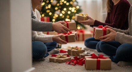 People exchanging Christmas gifts near a decorated tree.
