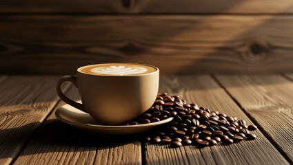 Coffee cup with latte art and beans on wooden table