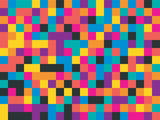Seamless abstract vector pixel art background with bright colorful squares and geometric mosaic pattern