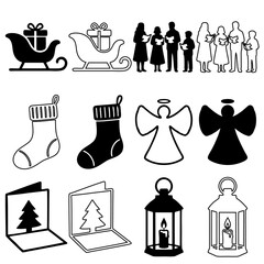 Christmas and Holiday Icon Set. Collection of vector illustrations featuring Santa sleigh with gift, carol singers, stocking, angel, greeting card, and candle lantern in silhouette and outline styles.