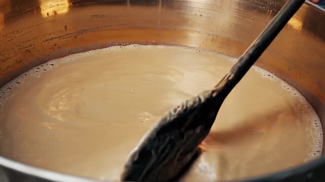 A thick beige mash bubbles and swirls as a long wooden paddle stirs it in a copper mash tun. Warm condensation surrounds the tun, creating an amber glow in the space