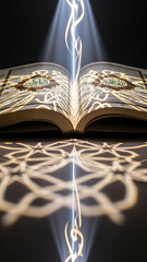 Open Quran radiating divine light, faith and spirituality concept, Islamic holy book illuminated