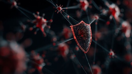 A digital shield symbolizing protection against viruses, set against a dark background with virus particles