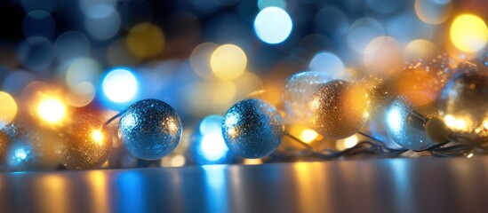 Vibrant Christmas lights and reflective ornaments create a festive bokeh background.