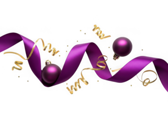 Elegant purple ribbon with christmas ornaments and golden confetti isolated on transparent background
