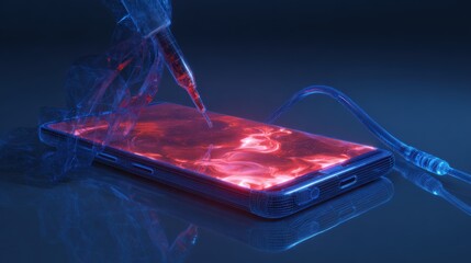 Digital device concept that shows a smart phone being analyzed by a tool. The digital analysis has a red glow. ..Created with Generative AI, not depicting real subjects.