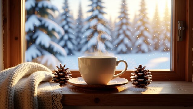 Steaming coffee cup on snowy windowsill with winter trees - Powered by Adobe