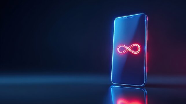 Modern smartphone showcases a glowing infinity symbol on its screen, rendered in a striking, futuristic style. ..Created with Generative AI, not depicting real subjects. - Powered by Adobe