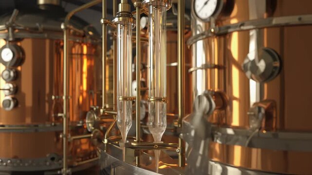 Witness the intricate process of whiskey production as new-make spirit flows through illuminated tubes. The distillation room shines with warm reflections from polished copper stills