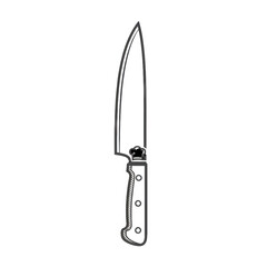 Outline illustration of a chef's knife with a black handle isolated on a white background representing culinary tools and kitchen equipment