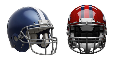 Two american football helmet with blue red and white stripes on transparent