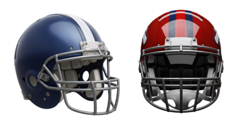 Two american football helmet with blue red and white stripes on transparent 