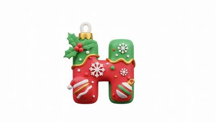 Naklejka premium Christmas Letter H Ornament Decoration with Holly and Snowflakes