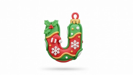 Fototapeta premium Festive Christmas Ornament Letter U with Holly and Snowflakes