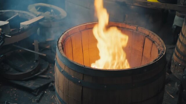 Inside a cooperage workshop, flames lick the wood of a fresh oak barrel. Char lines deepen as sparks fly in smoky air surrounded by cooperage tools and wood shavings