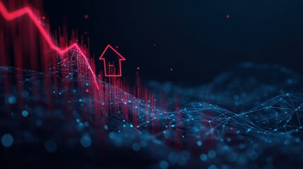 A stark depiction of financial downturn, with a red graph line plummeting downwards over a digitized house icon. ..Created with Generative AI, not depicting real subjects.