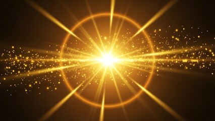 Abstract glowing background with a bright golden light burst, circular lens flare, and sparkling particle effects