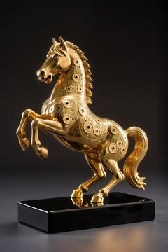 Golden Rearing Horse Feng Shui Statue on Wealth Base, luxury home decor style