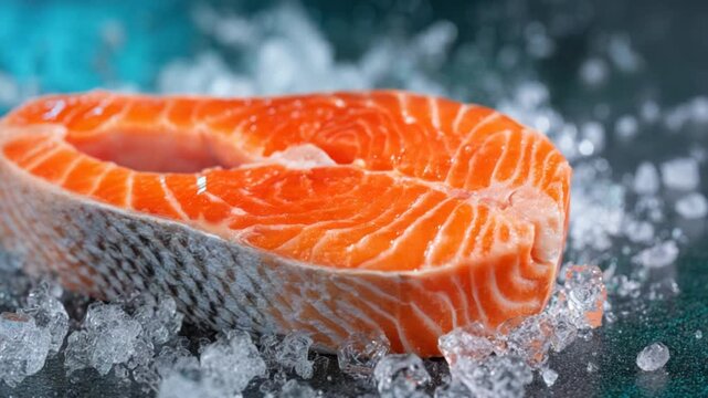 Close-up of a salmon cutlet on ice. A ring of rich orange flesh shows intricate texture