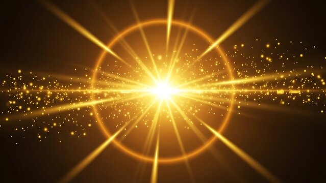 Abstract glowing background with a bright golden light burst, circular lens flare, and sparkling particle effects
