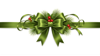 Elegant green ribbon bow with festive Christmas decorations, including pine branches and vibrant red berries, perfect for holiday gift wrapping and seasonal graphic designs