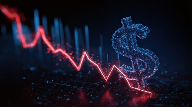 A digital depiction of a falling dollar, illustrated with a declining red line, symbolizes financial decline and market downturn. ..Created with Generative AI, not depicting real subjects.